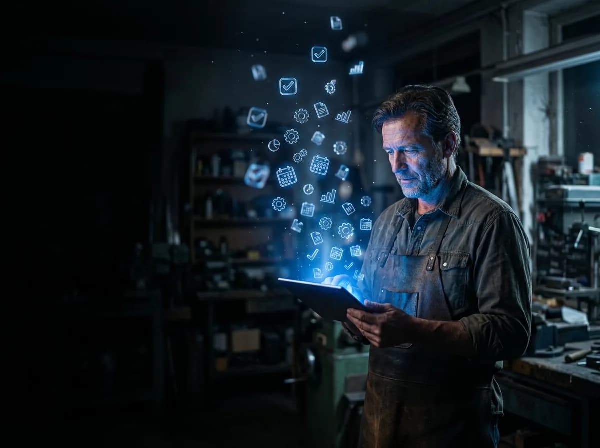 Betriebsinhaber in seiner Werkstatt schaut auf ein Tablet, aus dem Symbole für Aufträge, Termine und Auswertungen aufsteigen
