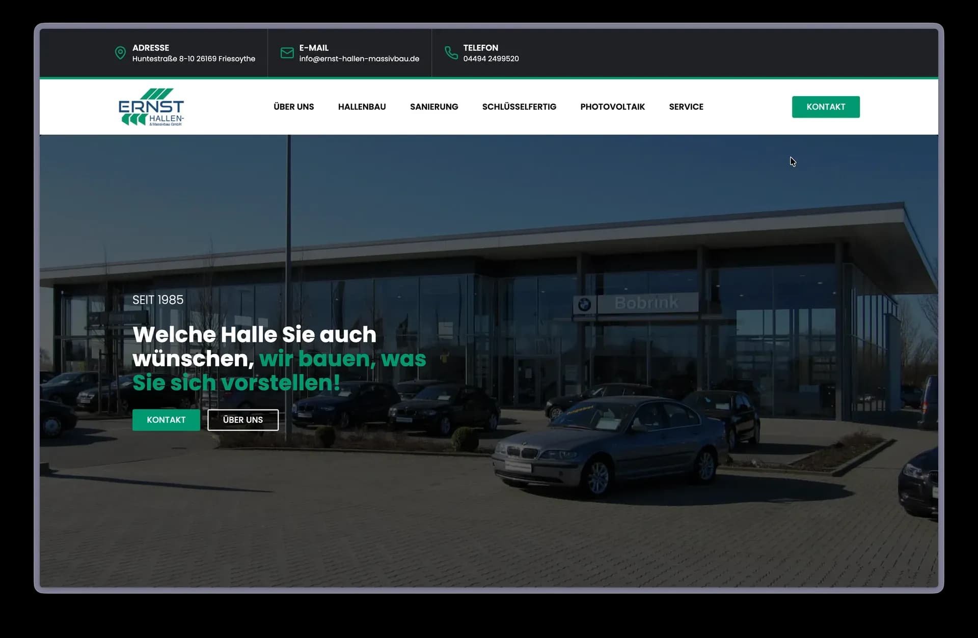 Startseite der Next.js-Website von Ernst Hallen- & Massivbau, Gewerbehallenbau aus Friesoythe
