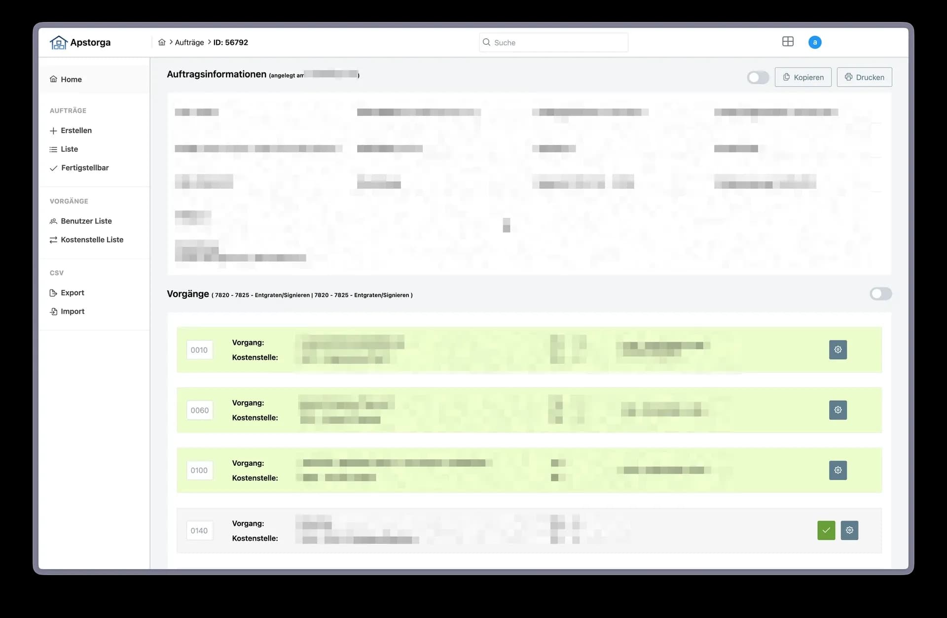 Auftragsverwaltung der Individualsoftware von Fits Metall mit Arbeitsschritten, Zeitvorgaben und Kostenstellen