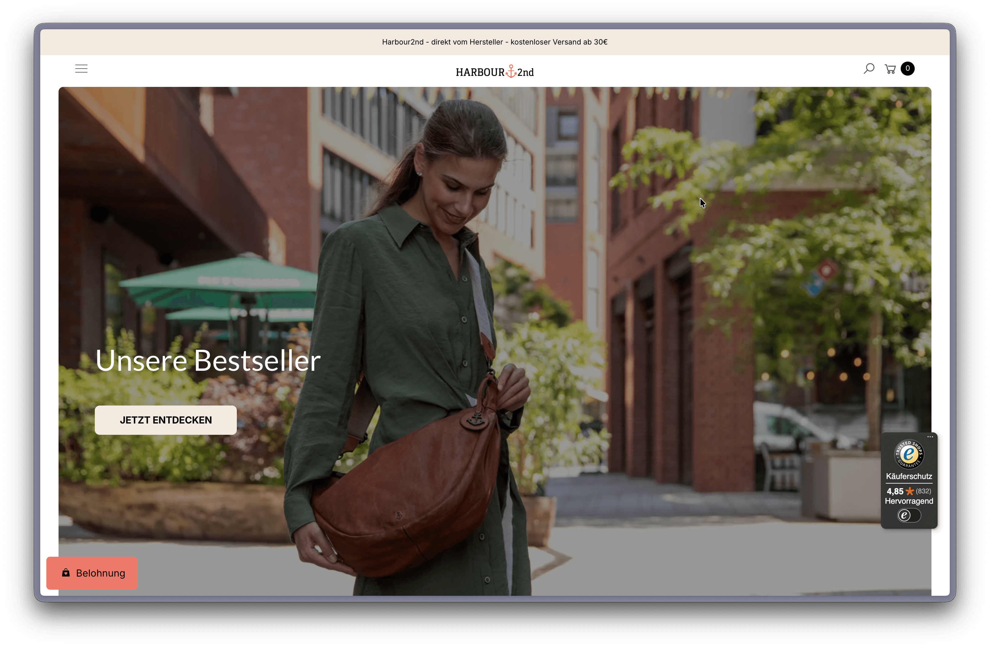 Startseite des Shopify-Shops von Harbour 2nd vor dem Redesign