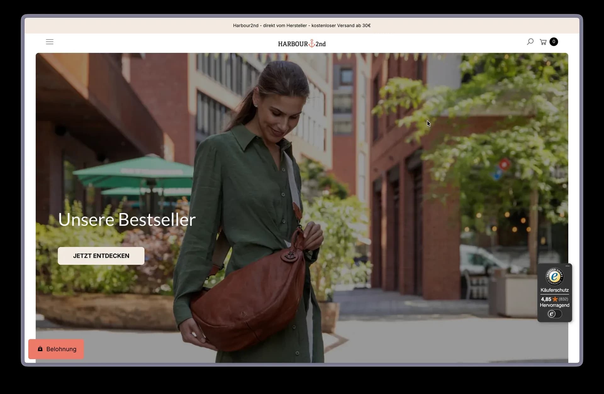 Startseite des Shopify-Shops von Harbour 2nd vor dem Redesign