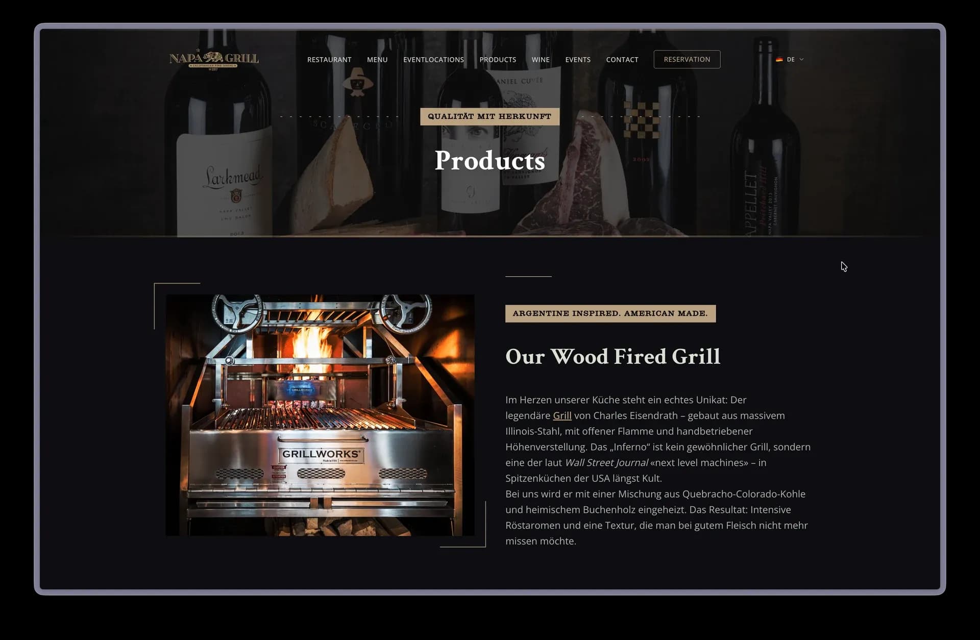 Unterseite der NapaGrill-Website mit über das Payload CMS konfigurierbaren Custom Sections