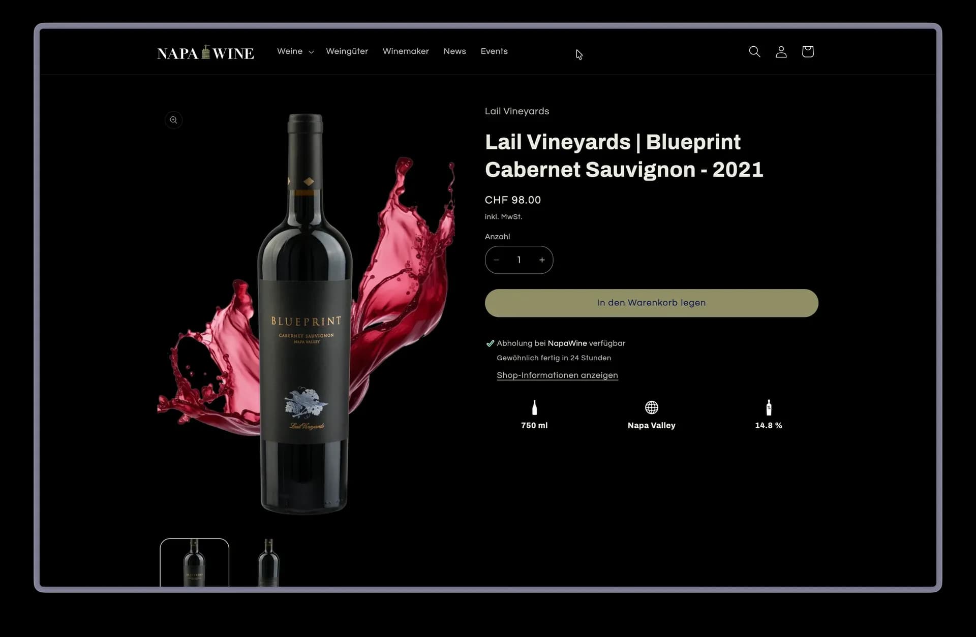 Shopify-Online-Shop von NapaWine für kalifornische Weine aus dem Napa Valley