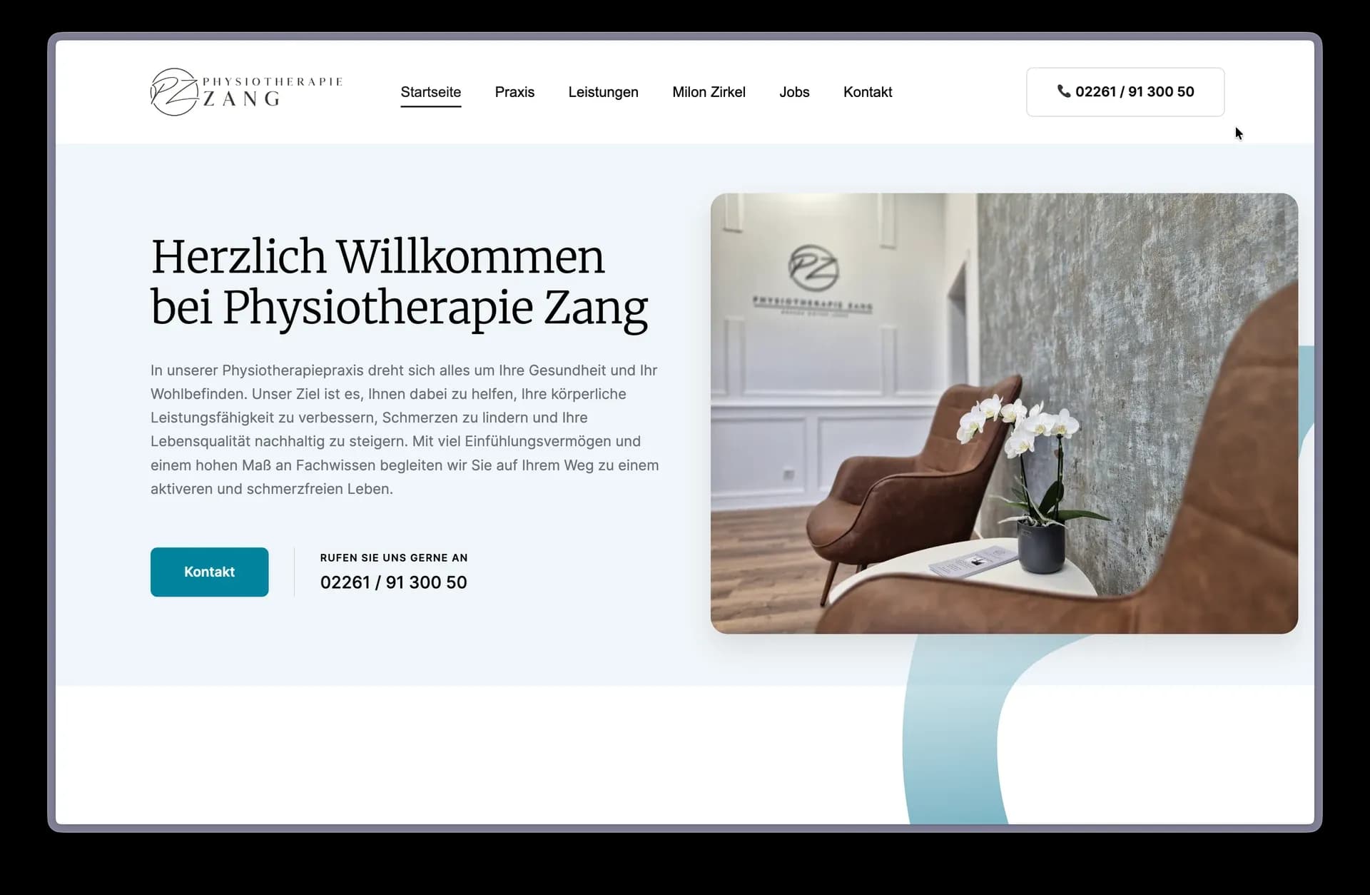 Startseite der WordPress-Website der Physiotherapie Zang in Gummersbach mit individuellem Theme