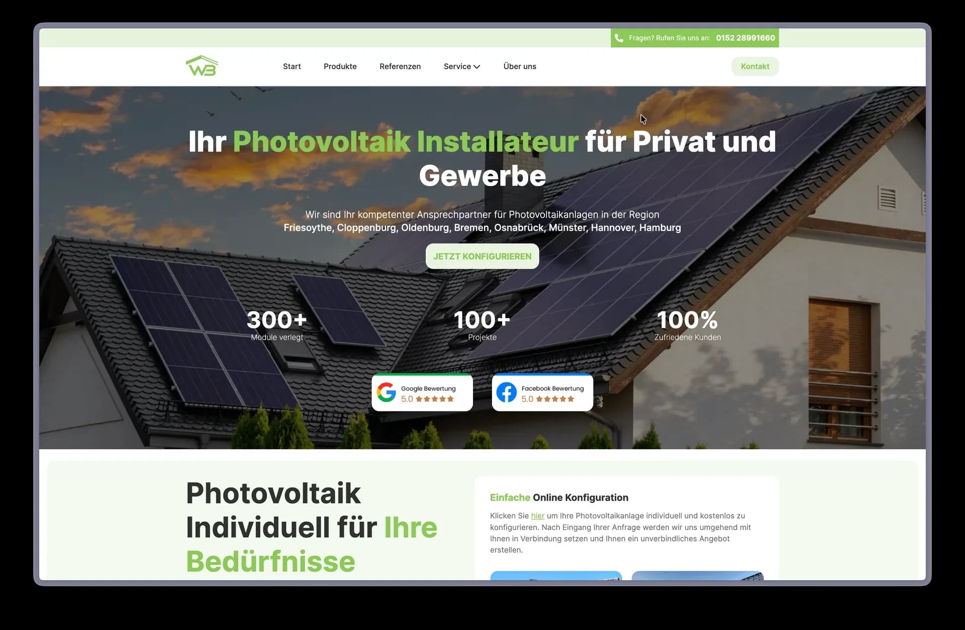 Startseite der Next.js-Website von WERTBAU Immobilien & Photovoltaik