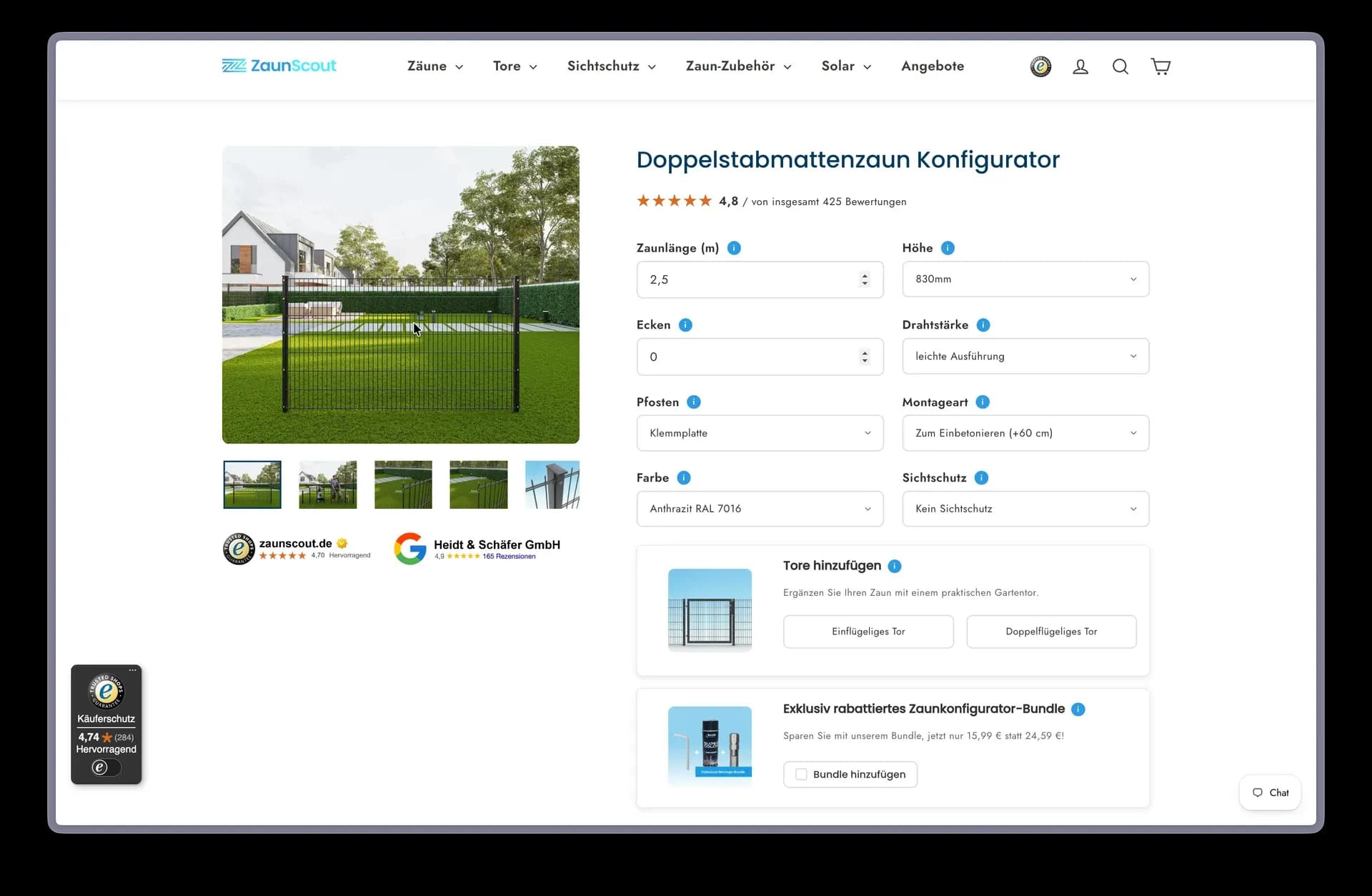 Zaunkonfigurator im ZaunScout-Shop: aus wenigen Eingaben wird das passende Zaunpaket zusammengestellt