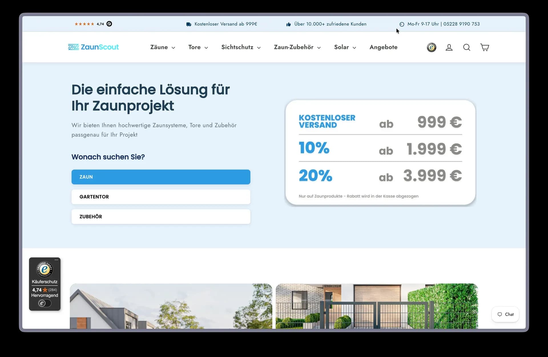 Startseite des Shopify-Online-Shops von ZaunScout mit Doppelstabmattenzäunen und Solarprodukten