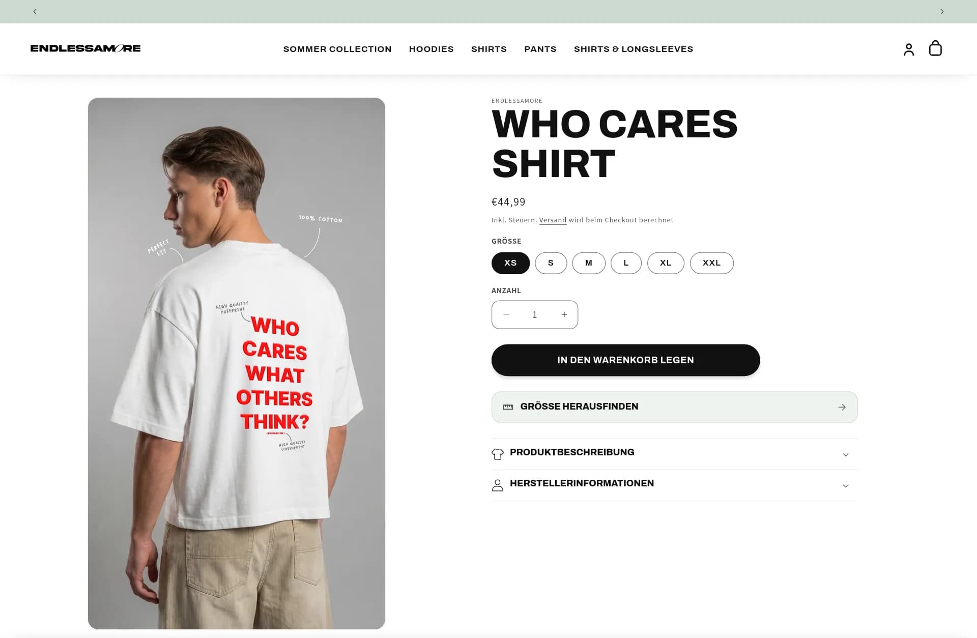 Conversion-optimierte Produktseite des ENDLESSAMORE-Shops nach dem Redesign, mit Größenberater direkt unter dem Warenkorb-Button