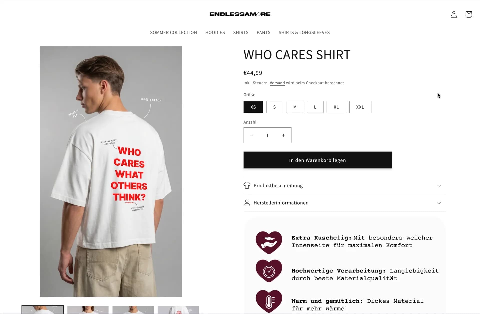Produktseite des ENDLESSAMORE-Shops vor dem Redesign, ohne Größenberater und mit allgemeinen Produktvorteilen