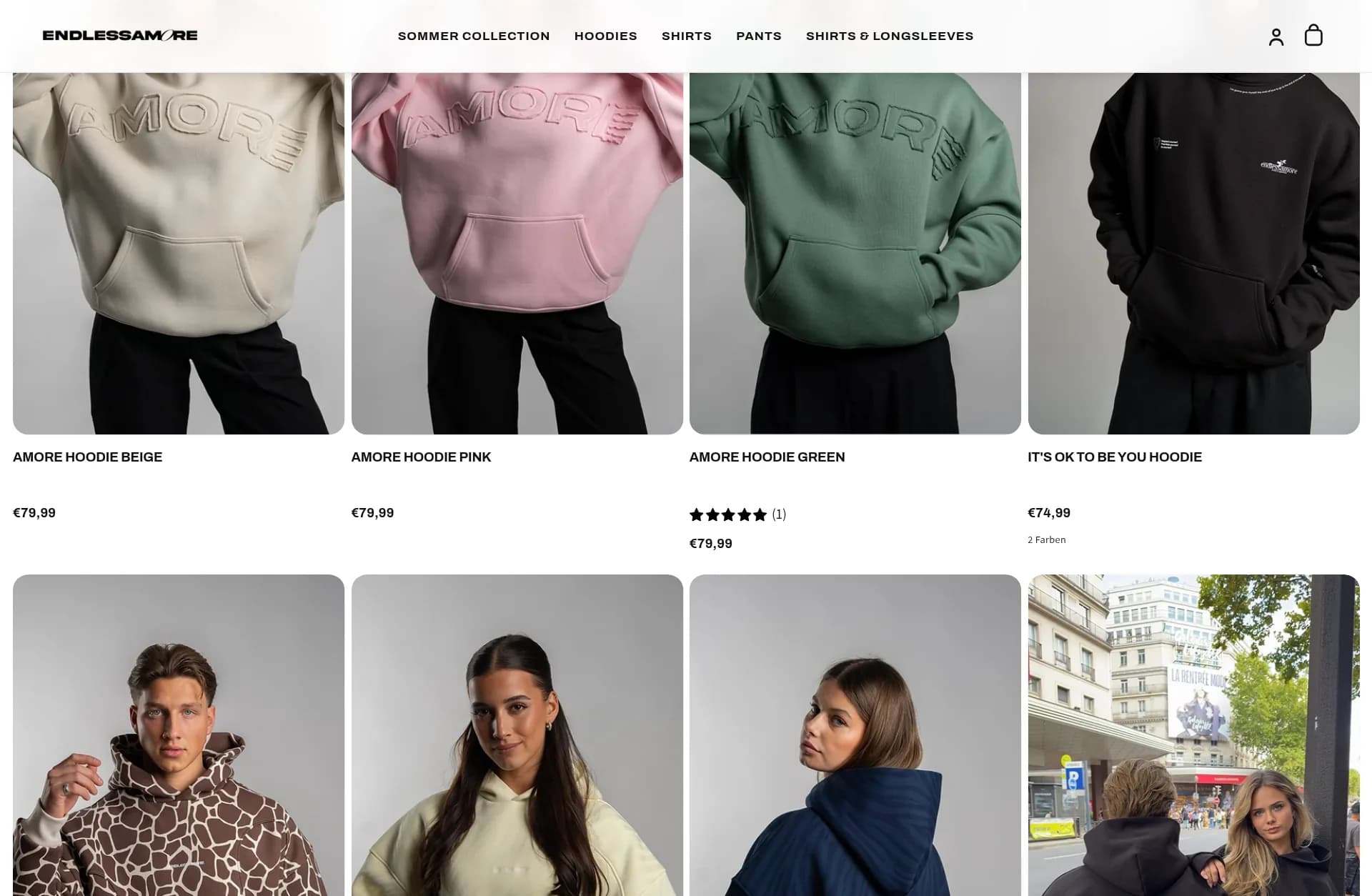 Produktübersicht der Hoodie-Kollektion im neu gestalteten Shopify-Shop von ENDLESSAMORE