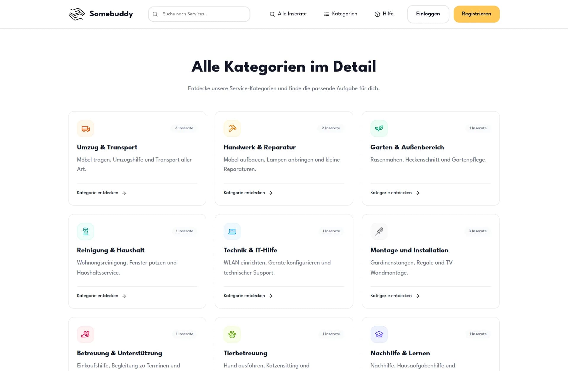 Zwölf Service-Kategorien von Umzug über Handwerk bis Nachhilfe auf der Somebuddy-Plattform