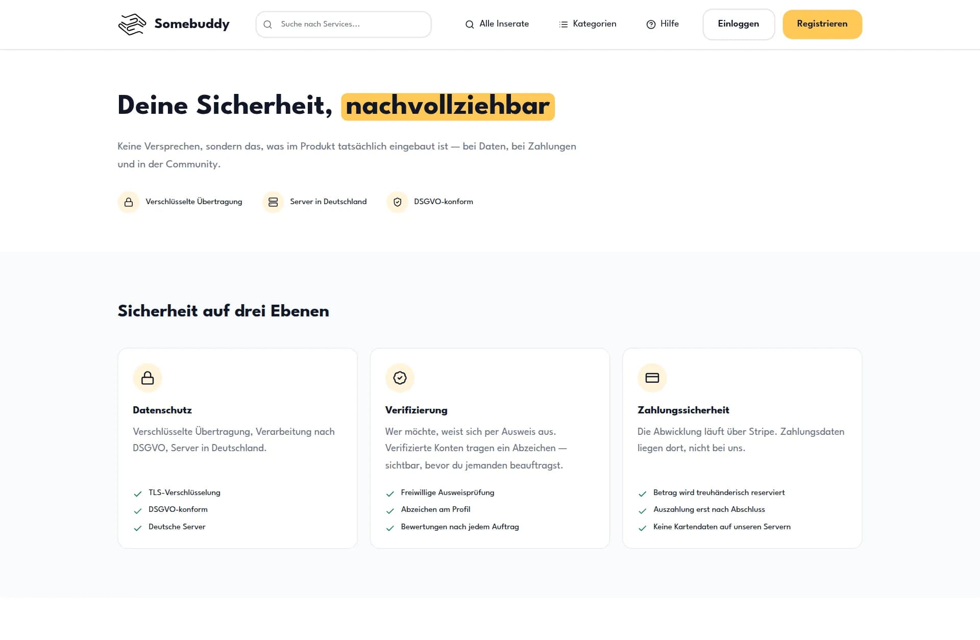 Sicherheitskonzept von Somebuddy mit Ausweisverifizierung, Treuhandzahlung über Stripe und Bewertungen