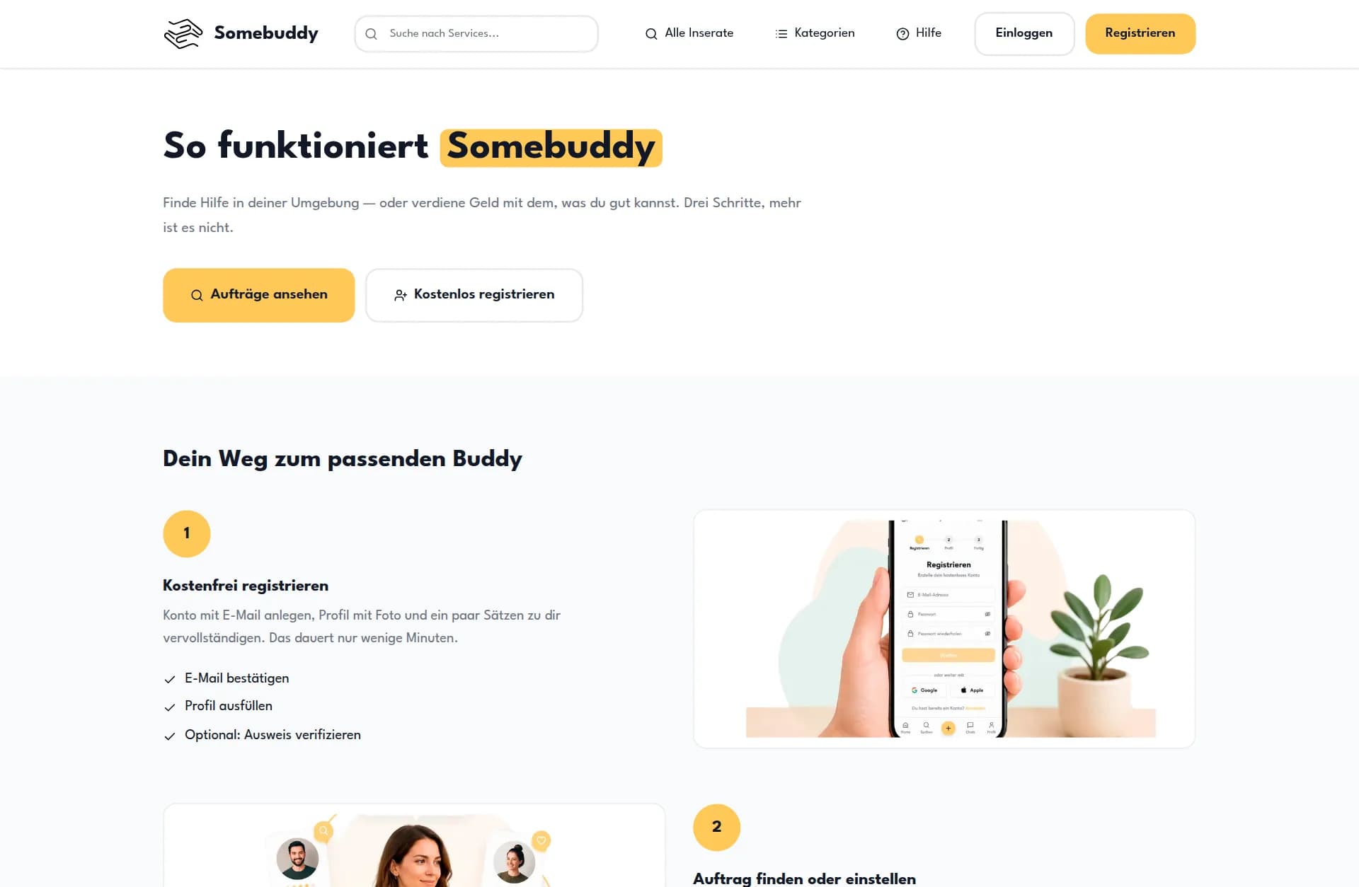 Ablauf von der Registrierung über den Auftrag bis zur abgesicherten Zahlung im Somebuddy-Marktplatz