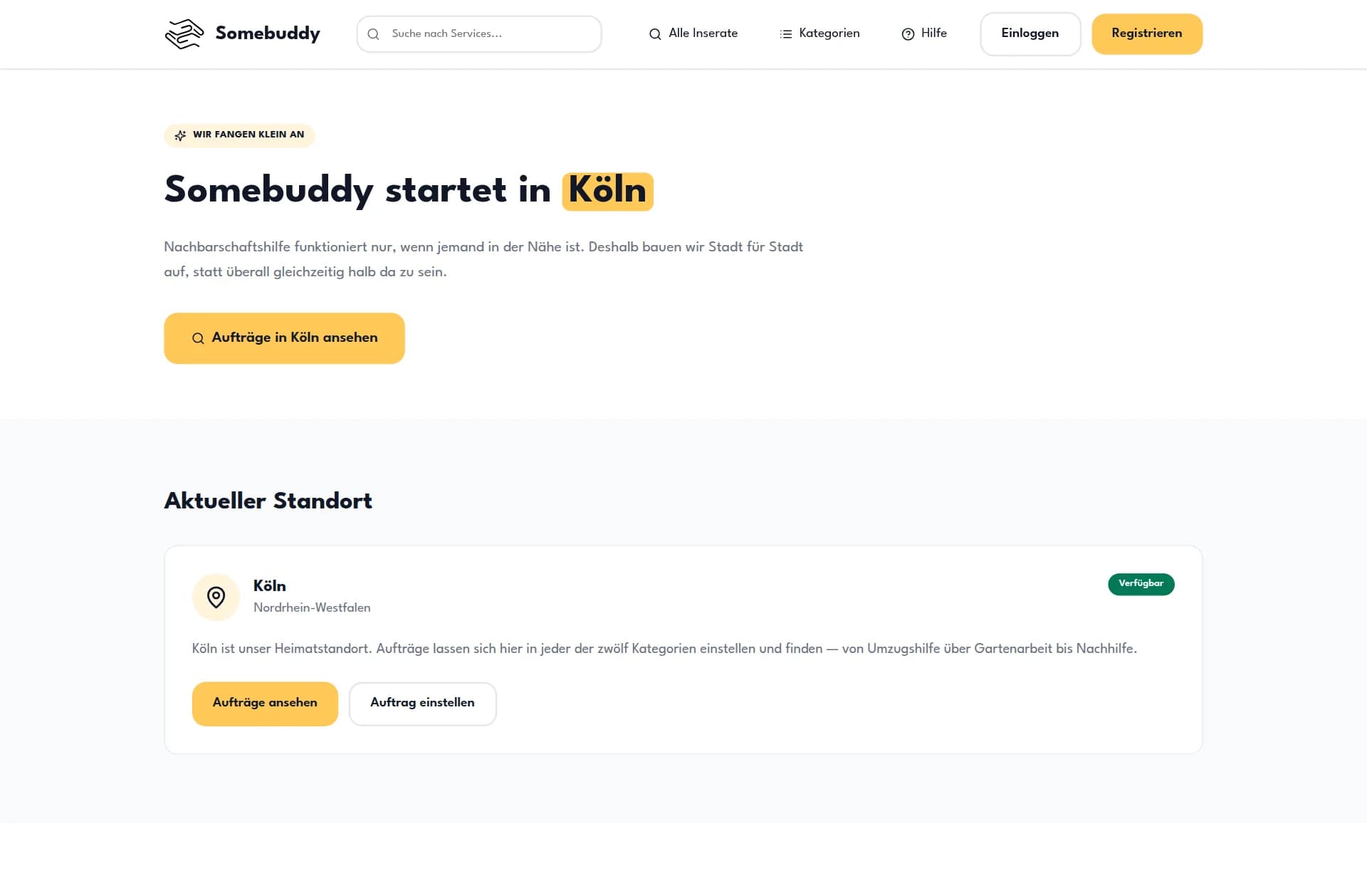 Standortseite von Somebuddy mit dem Start in Köln und den vorbereiteten Städten Düsseldorf, Bonn und Essen