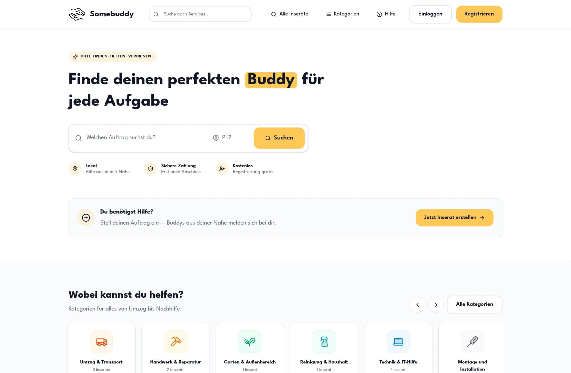Startseite des Somebuddy-Marktplatzes mit Umkreissuche nach Postleitzahl für lokale Dienstleistungen